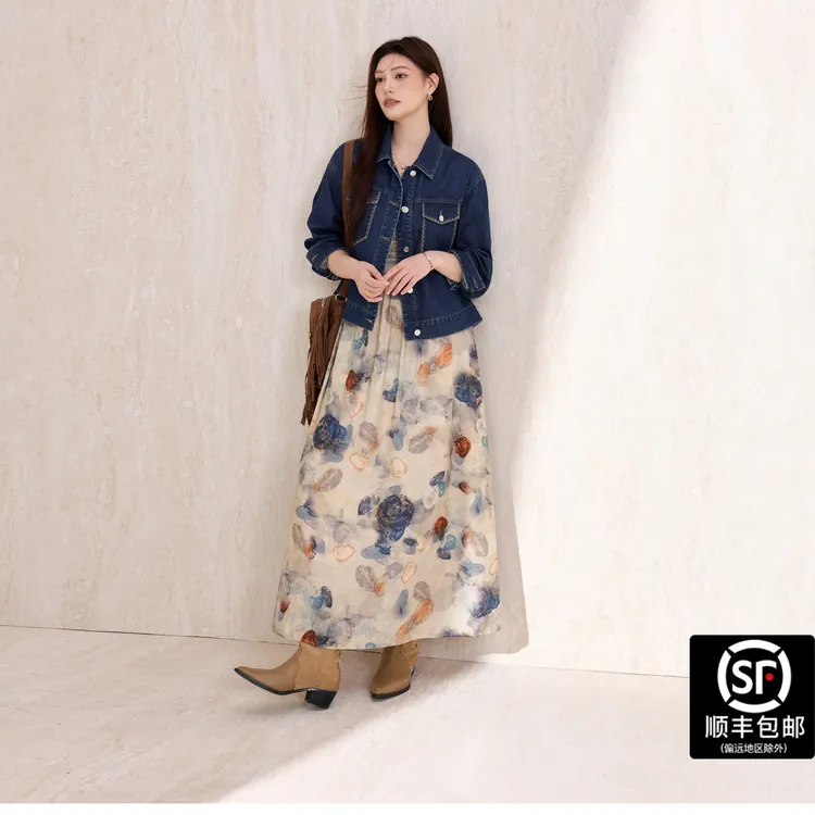 蓝语大码复古休闲牛仔外套2025秋季油画风印花吊带连衣裙套装