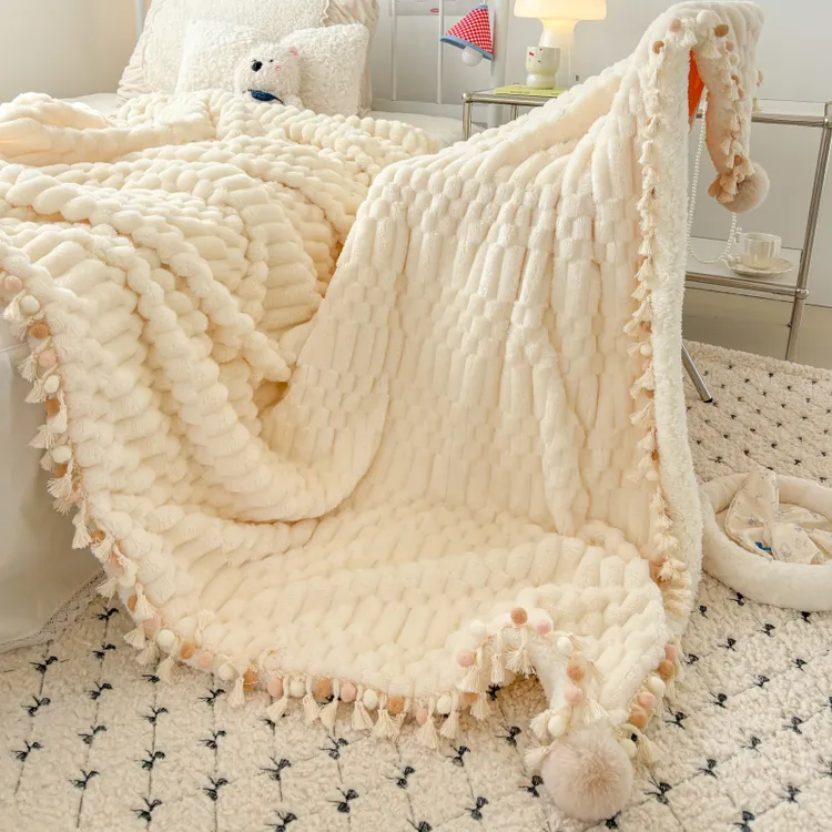 奶芙绒流苏球毛毯毯子空调毯沙发毯家用单双人多功能盖毯小被子