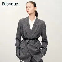 Fabrique Charlie 烟灰色薄款绵羊毛人字纹配腰带戗驳领西装外套