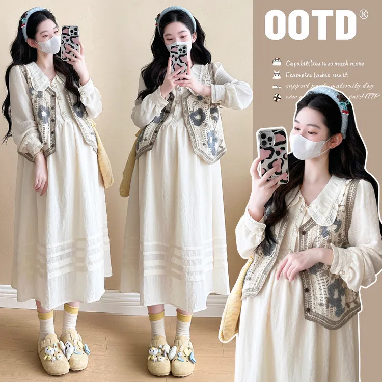 【苏遇婉】2025秋季新款时尚温柔韩系甜美风减龄显瘦连衣裙孕妇套装