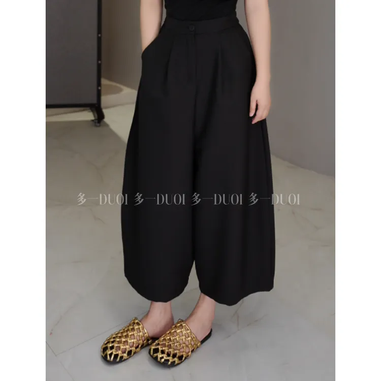 多一"奶奶西裤"2025早秋简约纯色百搭半松紧腰小个子休闲阔腿裤