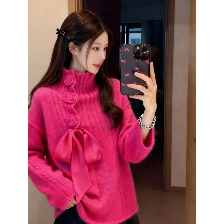 玫红色蝴蝶结立领毛衣2025新款秋冬立体花朵气质长袖针织衫上衣女