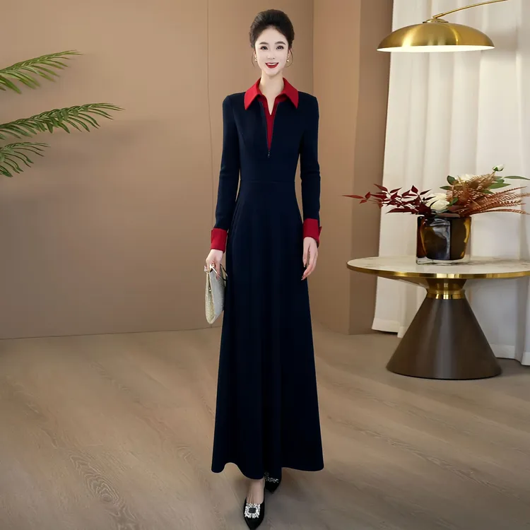 高端气质藏蓝假两件连衣裙2025秋冬新款收腰显瘦时尚气质长裙1111