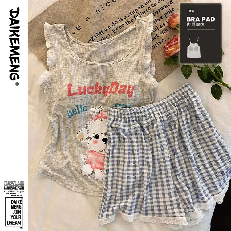 【派对狗狗】ins可爱少女背心短裤拼接蕾丝夏季薄款凉感家居服套装