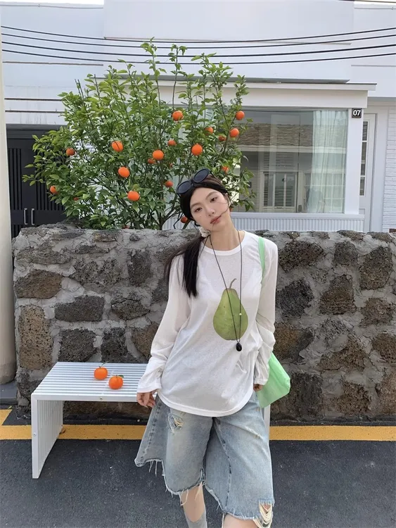 白色印花长袖防晒T恤女夏季薄款微透罩衫慵懒风宽松显瘦休闲上衣