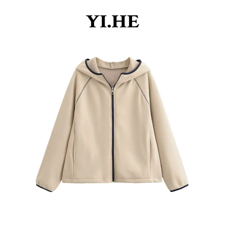 YIHE/ 2025秋冬「连帽保暖卫衣」~慕斯绒时尚连帽拼色女士外套 休闲
