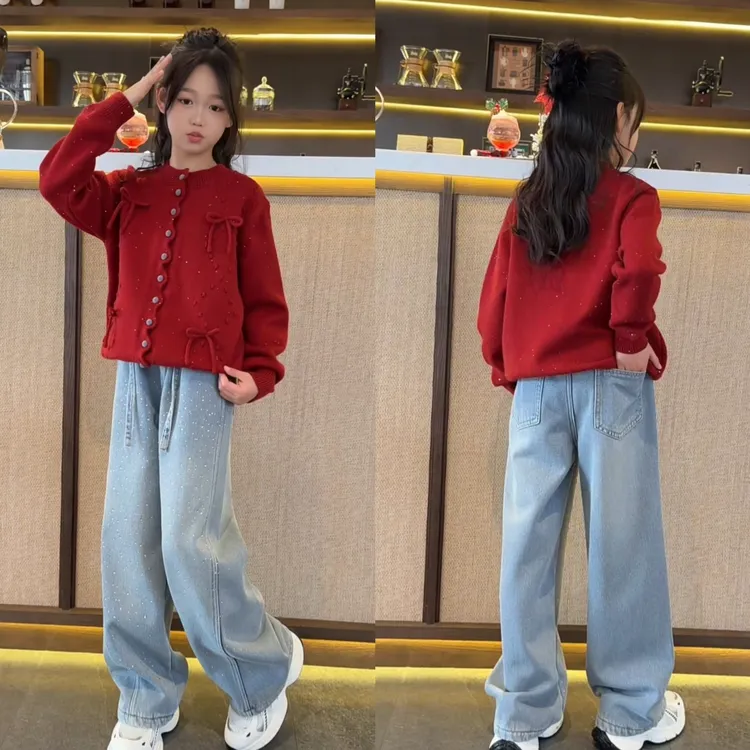 女童2025年款满天星烫钻拼接牛仔裤3-15岁中大童显瘦加绒弯刀裤潮