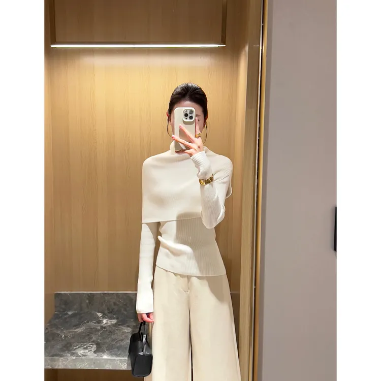 简约圆领套头长袖针织衫女秋季2025新款修身上衣可拆卸披肩两件套