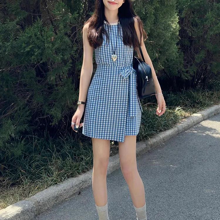 2025夏日森系小个子高级感洋气衣服收腰显瘦韩版格纹甜辣无袖连