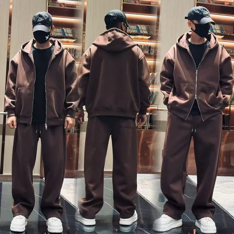 秋季新款时尚潮流纯色净版简约舒适连帽外套加直筒裤休闲套装0078