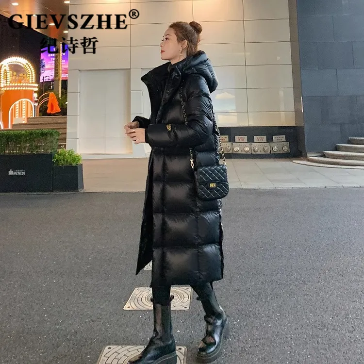 纪诗哲女款羽绒服冬季新款韩版90白鹅绒过膝加厚时尚连帽长款外套