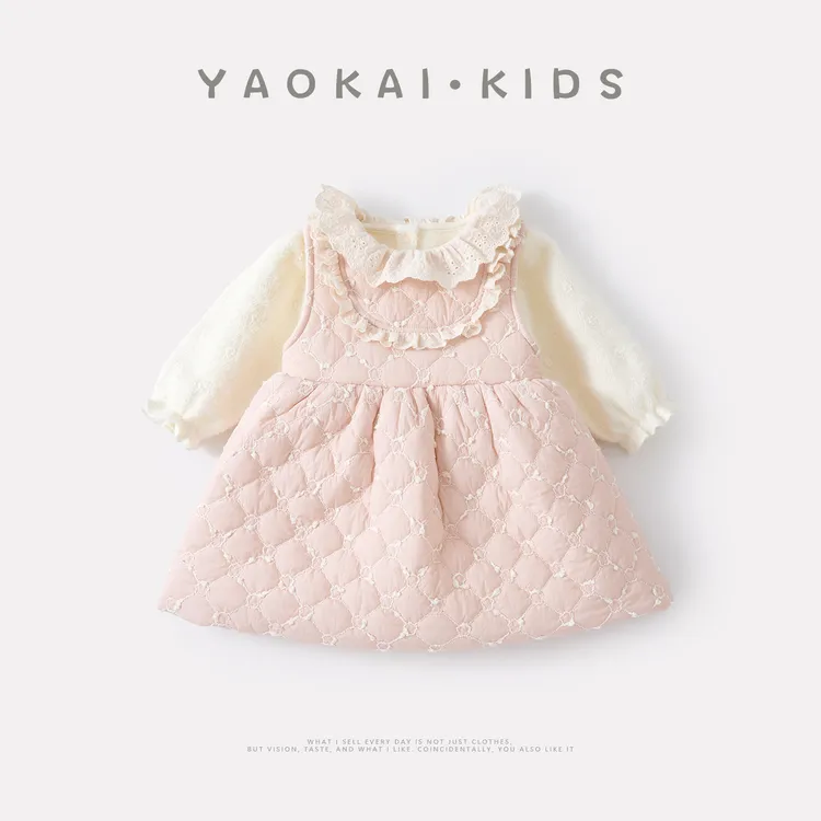 2025冬季新款婴幼儿绗棉加绒连衣裙套装女宝宝背心裙打底衫两件套