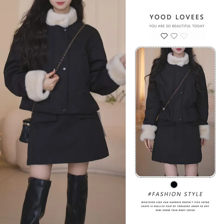 2025冬季韩版时尚百搭慵懒文艺感收腰毛毛立领外套+半身裙套装女