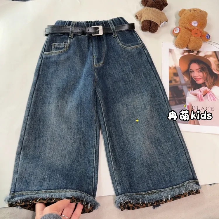 女童洋气秋冬季一体绒直筒牛仔阔腿裤女宝宝2025新款加厚冬装裤子