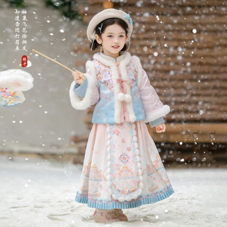 古月家.冬雪 汉服女童冬款儿童新中式国风仙气加厚保暖拜年服套装