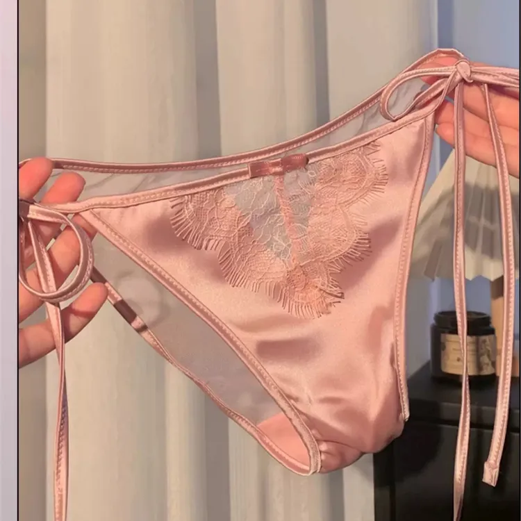轻奢系带性感睫毛蕾丝内裤女低腰缎面两侧可解开三角裤透气速干