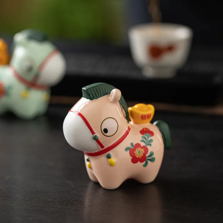 可爱花财小马摆件陶瓷马上有钱马上有福禄招财家居装饰马年吉祥物