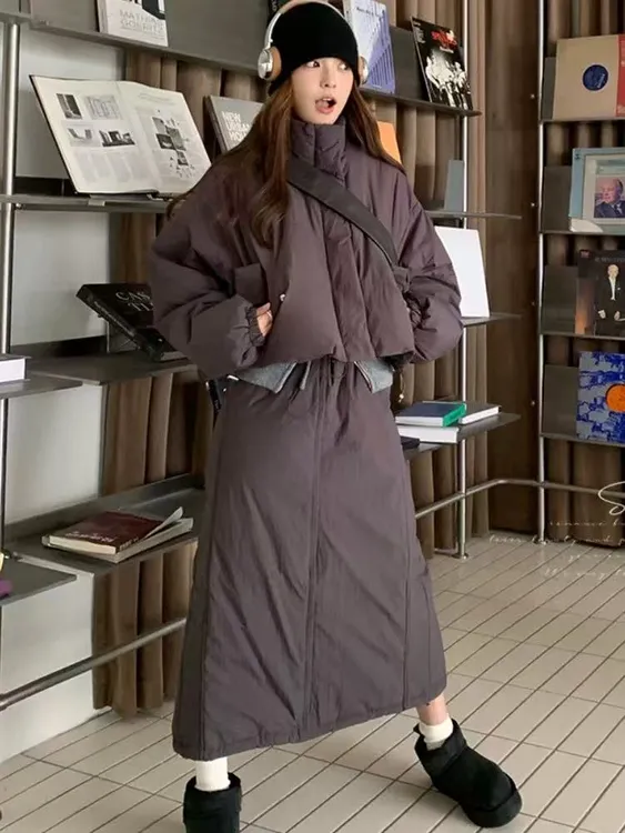 2025冬季时尚套装加厚保暖立领工装长袖外套高腰半身裙套装女