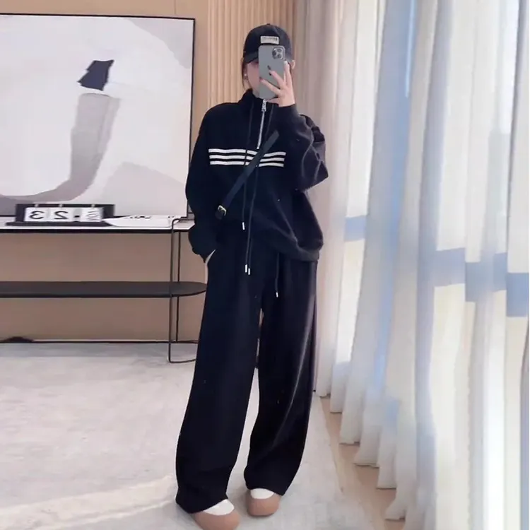 超火潮牌条纹休闲运动套装女秋季巨好看气质半拉链套头卫衣阔腿裤