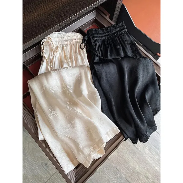 新中式醋酸缎面提花薄款阔腿裤女新款高腰直筒拖地裤显瘦