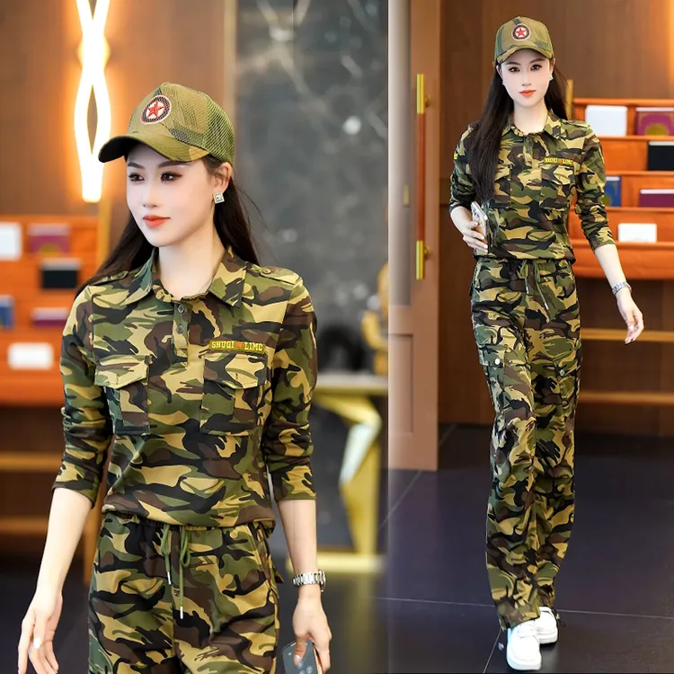 迷彩服长袖t恤女春秋季翻领大码套装户外休闲工装阔腿裤水兵舞服