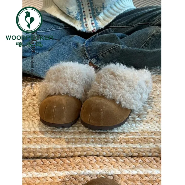 啄木鸟厚底勃肯鞋包头半托女外穿2025冬季新款加绒保暖棉鞋毛毛鞋
