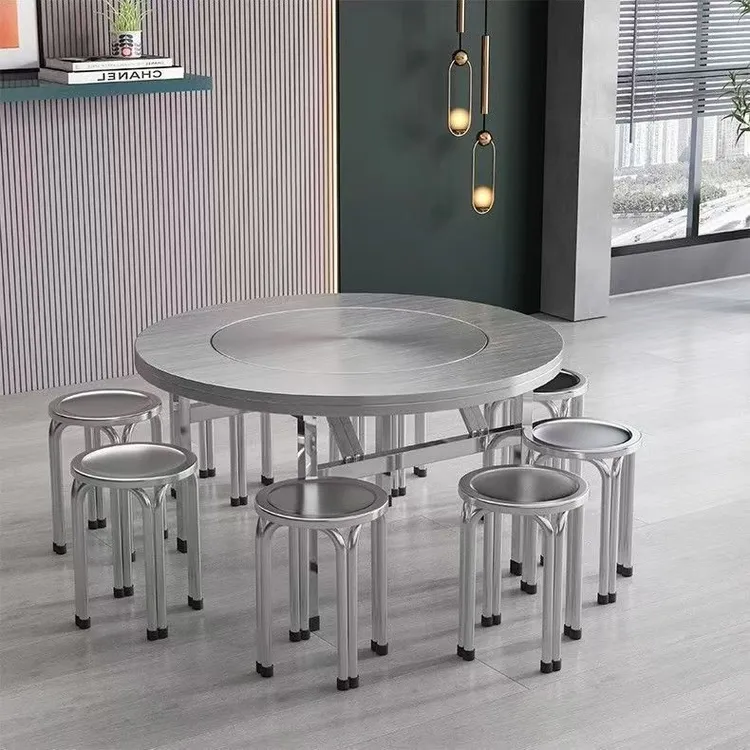加厚不锈钢折叠带转盘圆桌酒店饭店饭桌子家用可折叠内置转盘饭桌