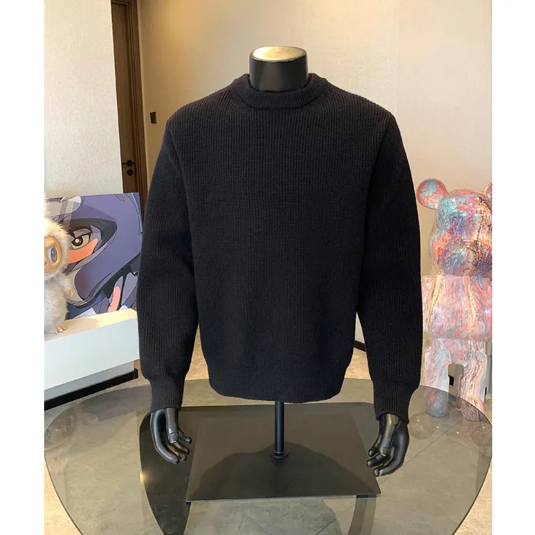 cleanfit黑色重磅圆领毛衣男秋冬季高级感显瘦正肩长袖打底针织衫