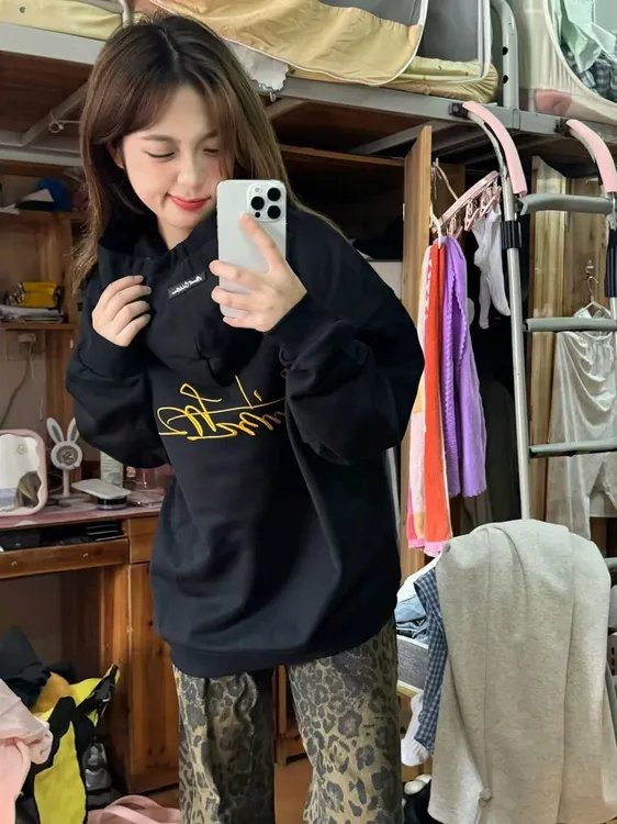 美式复古宽松连帽新款字母刺绣设计春秋纯棉卫衣薄款情侣外套上衣