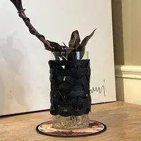 北欧轻奢玻璃花瓶摆件客厅样板房间插鲜花手工编织皮革高级感花器