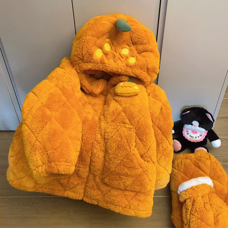 小南瓜睡衣女款秋冬季三层夹棉加厚珊瑚绒保暖连帽家居服两件套装