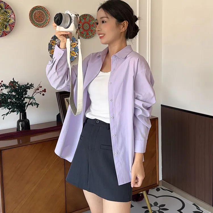 【紫喜欢你】莱赛尔天丝棉香芋紫色衬衫女休闲百搭开衫韩版宽松外套