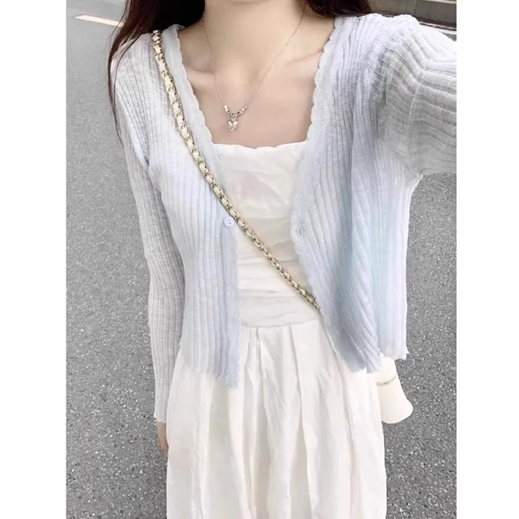 设计感蓝色薄款冰丝针织开衫外套女夏季短款小个子修身显瘦防晒衫