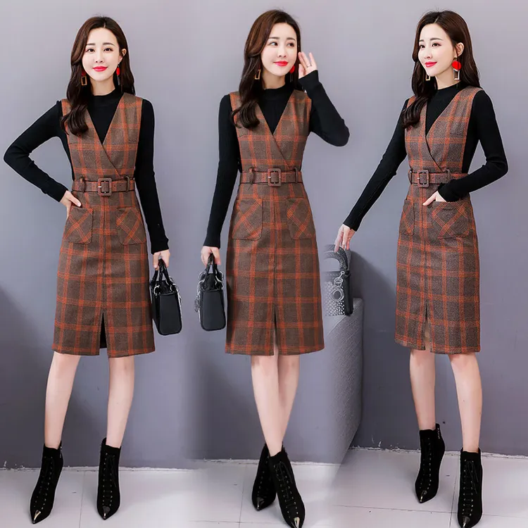 2023年春季百搭优雅中长款格子韩版潮流时尚两件套