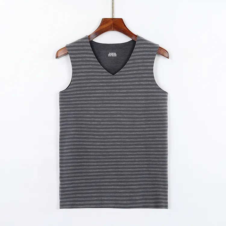 2025秋冬新款德绒保暖内衣男士条纹V领无痕内搭打底衫背心青年