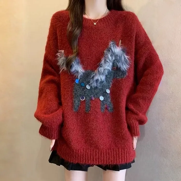 新年圣诞穿搭小马亮片红色毛衣女秋冬新款高级设计感百搭针织上衣