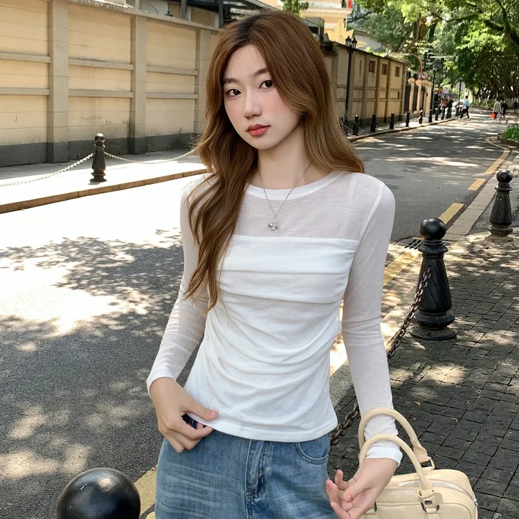 巨好看的早秋上衣网纱长袖t恤女装打底衫衣服小衫辣妹韩系漂亮