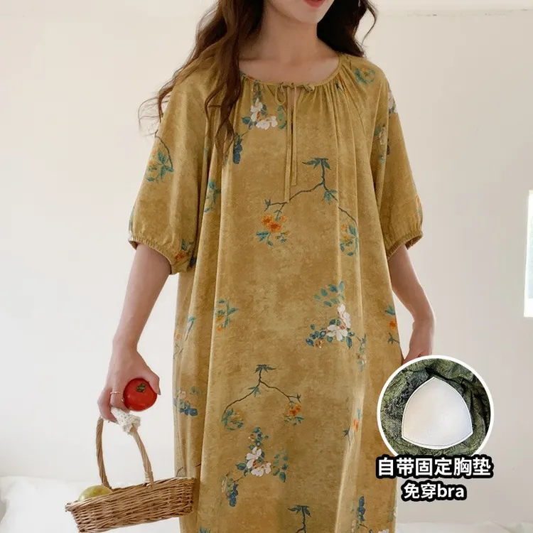 【带胸垫防凸点】绵绸睡裙女夏天棉绸睡衣人造棉爆款女大学生睡衣