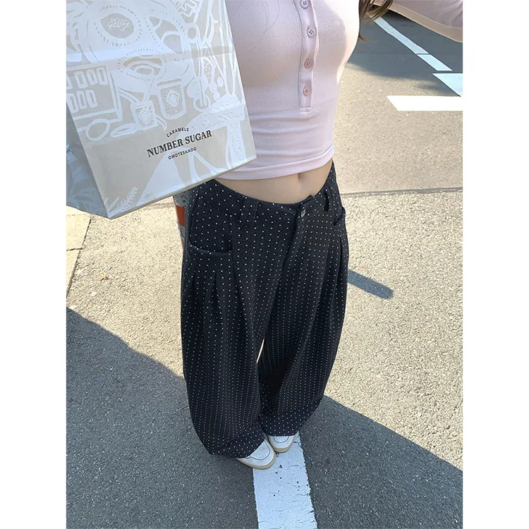 韩系甜美波点休闲阔腿裤女2025年秋季新款宽松显瘦百搭拖地长裤潮