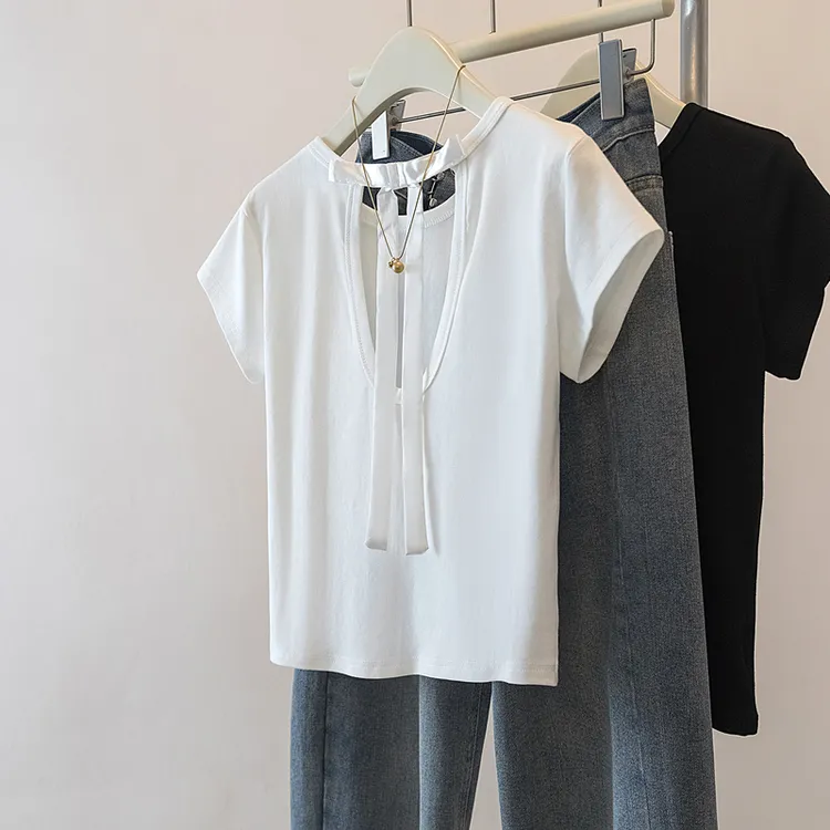 纯欲辣妹风蝴蝶结露背设计感圆领短袖T恤女春季新款显瘦绝美上衣