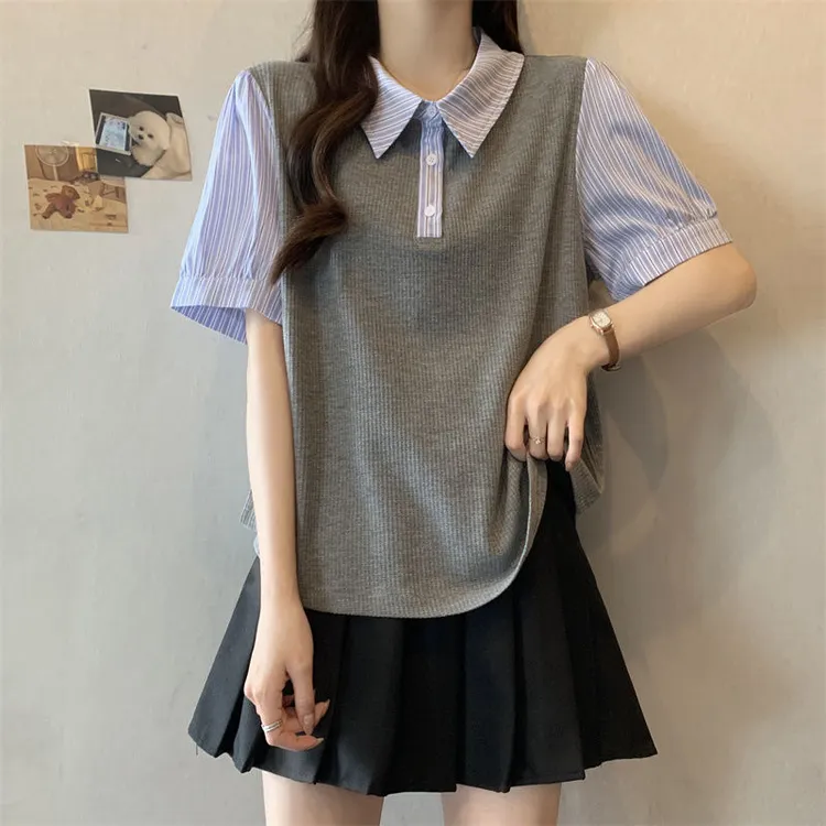 大码显瘦polo领衬衫女设计感遮肚假两件衬衣气质减龄微胖短袖上衣