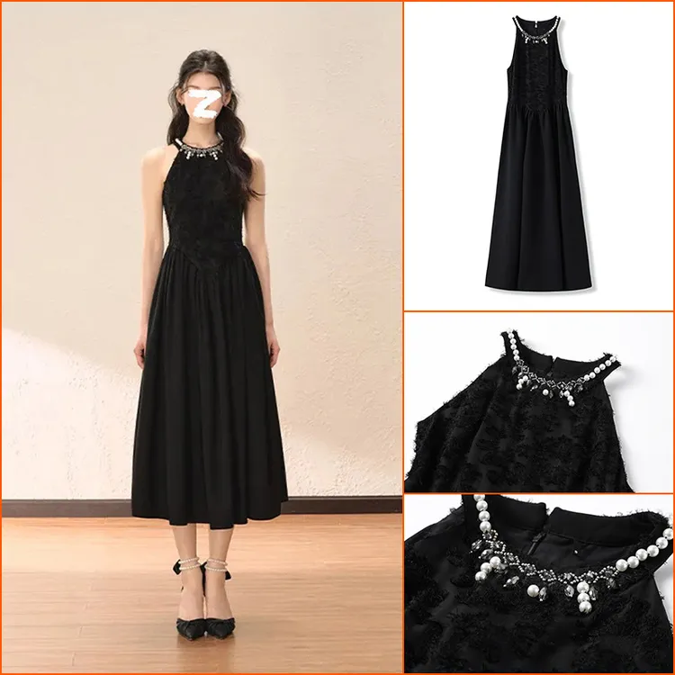 2025夏季新款黑色收腰挂脖连衣裙名媛气质轻奢仙女礼服裙M4032