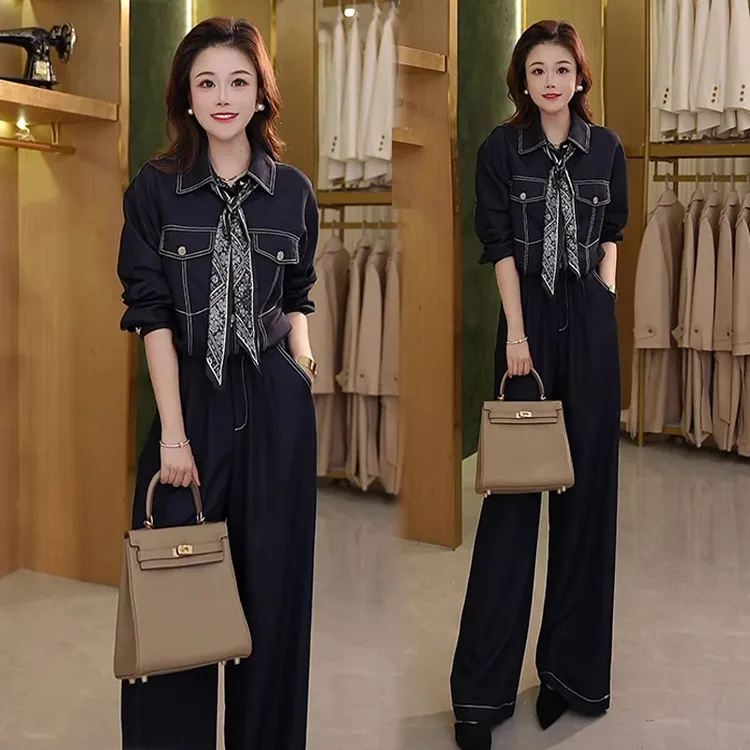 时尚牛仔套装女2025秋季新款时髦洋气减龄短外套阔腿裤气质两件套