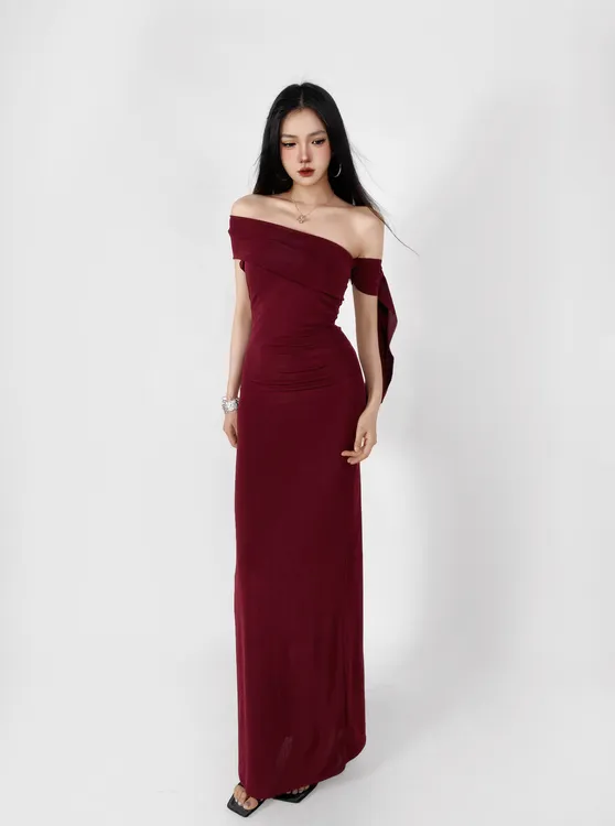 纯欲辣妹斜肩拼接飘带修身显瘦性感包臀连衣裙女长裙