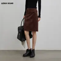 LEDIM WANG黑标/高智感麂皮直筒半身裙女2025冬季新款浆果红短裙