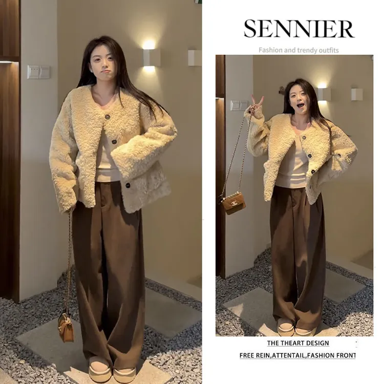 秋冬穿搭一整套女2025新款韩版洋气宽松保暖外套内搭阔腿裤三件套