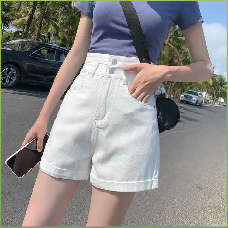 白色短裤女ins风韩版新款双扣超高腰宽松卷边阔腿a字牛仔热裤子潮