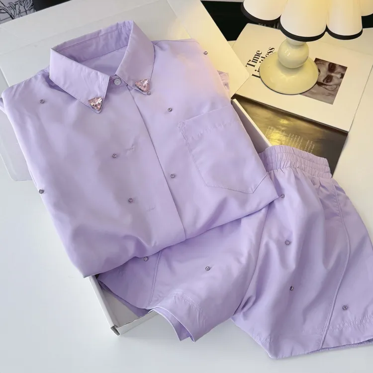 领口带钻套装通勤休闲风百搭气质夏季时尚女设计款DP7875