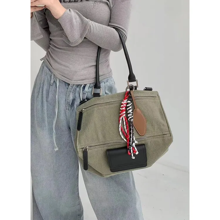 小众帆布拼接托特包2024新款感腋下包慵懒风单肩斜挎包潮