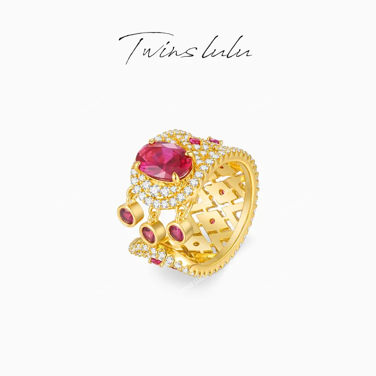 TWINS LULU 【金缕玫心】双十二小众轻奢高级几何红色戒指TSS6656